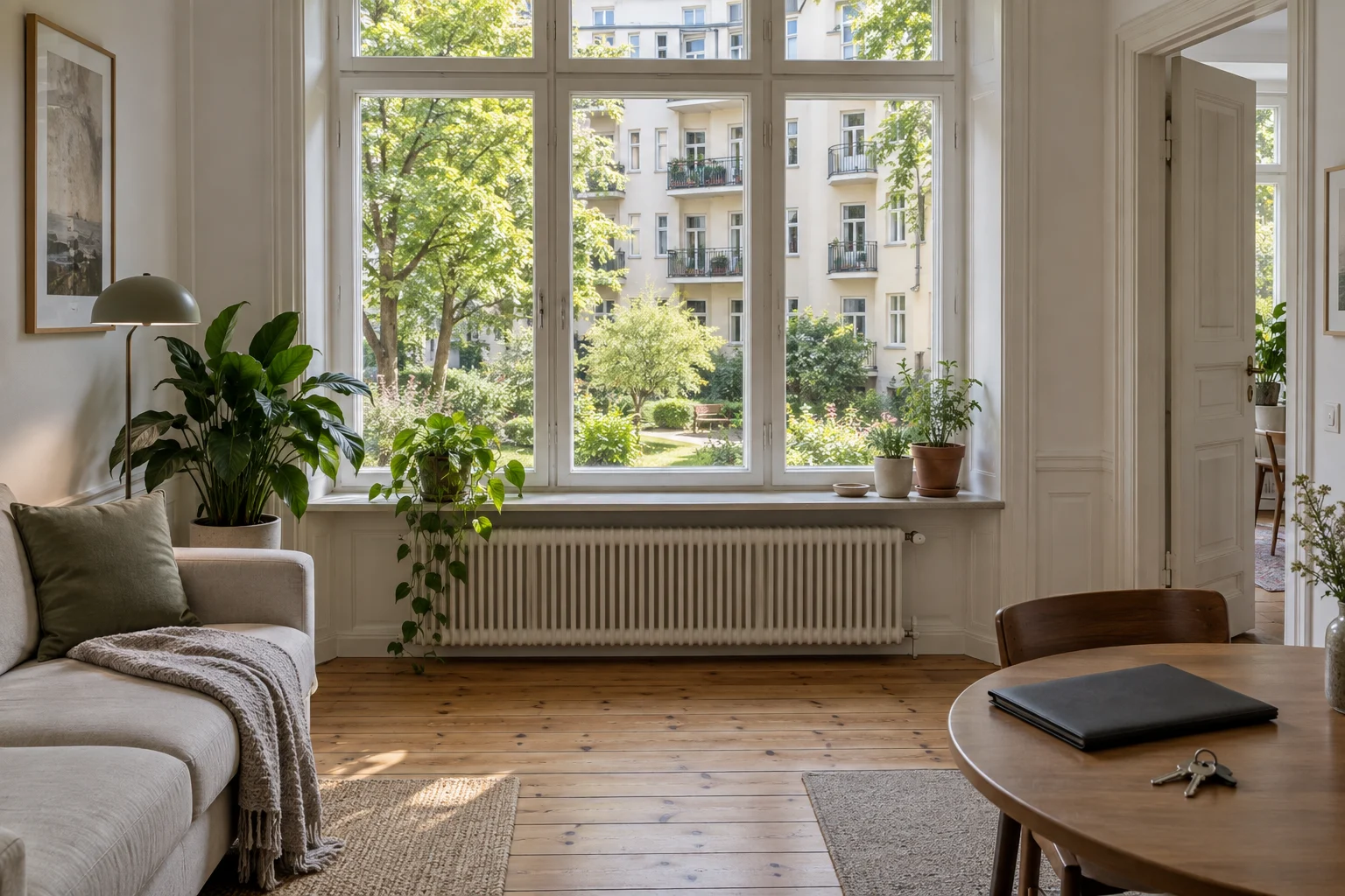 Helles Wohnzimmer mit Blick auf ein gemeinschaftliches Wohngebäude und vorbereiteter Dokumentenmappe als Symbol für den Wohnungsverkauf